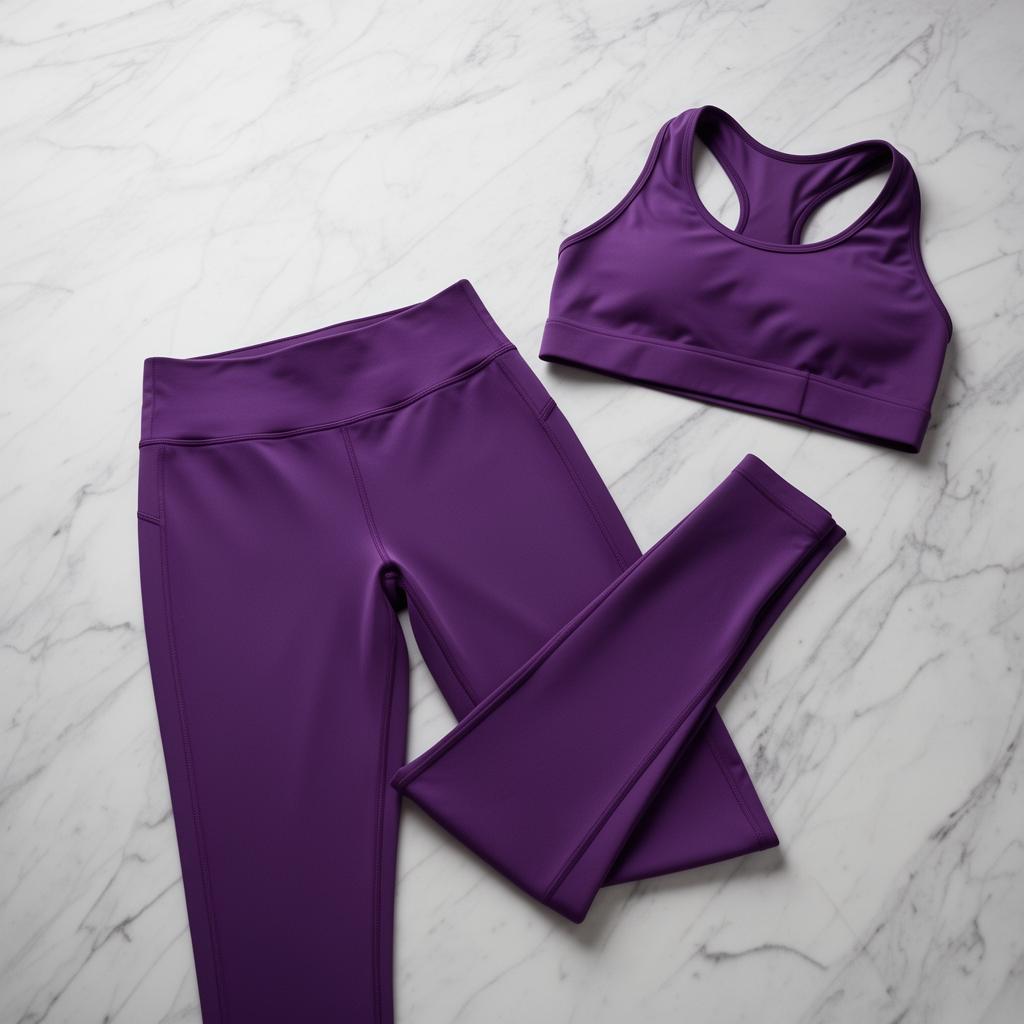 Violet women's workout set laid flat on marble
