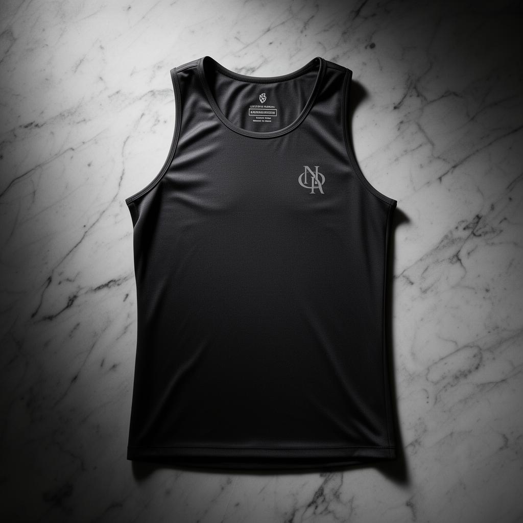 Black performance tank laid flat on marble