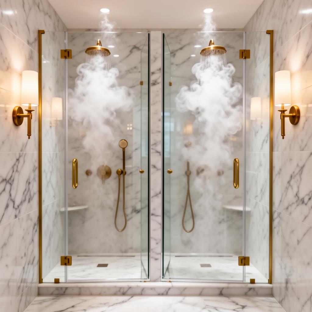 Marble steam shower with brass fixtures