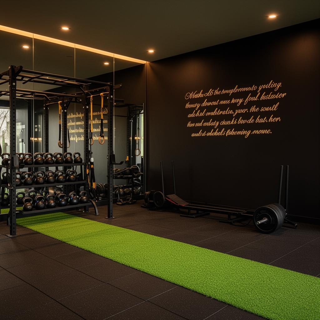 Turf training area with kettlebells, sled and pull-up rig