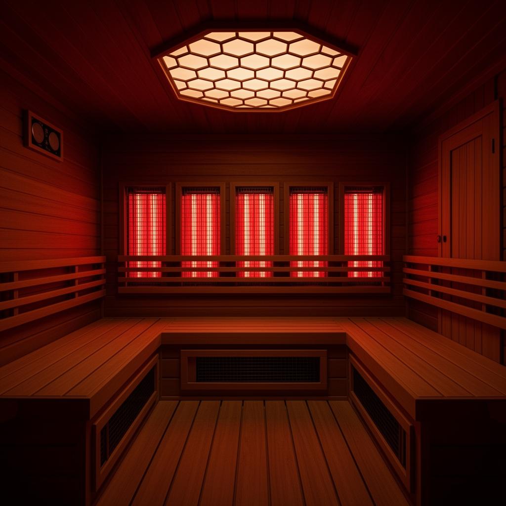 Infrared sauna with glowing red heater panels