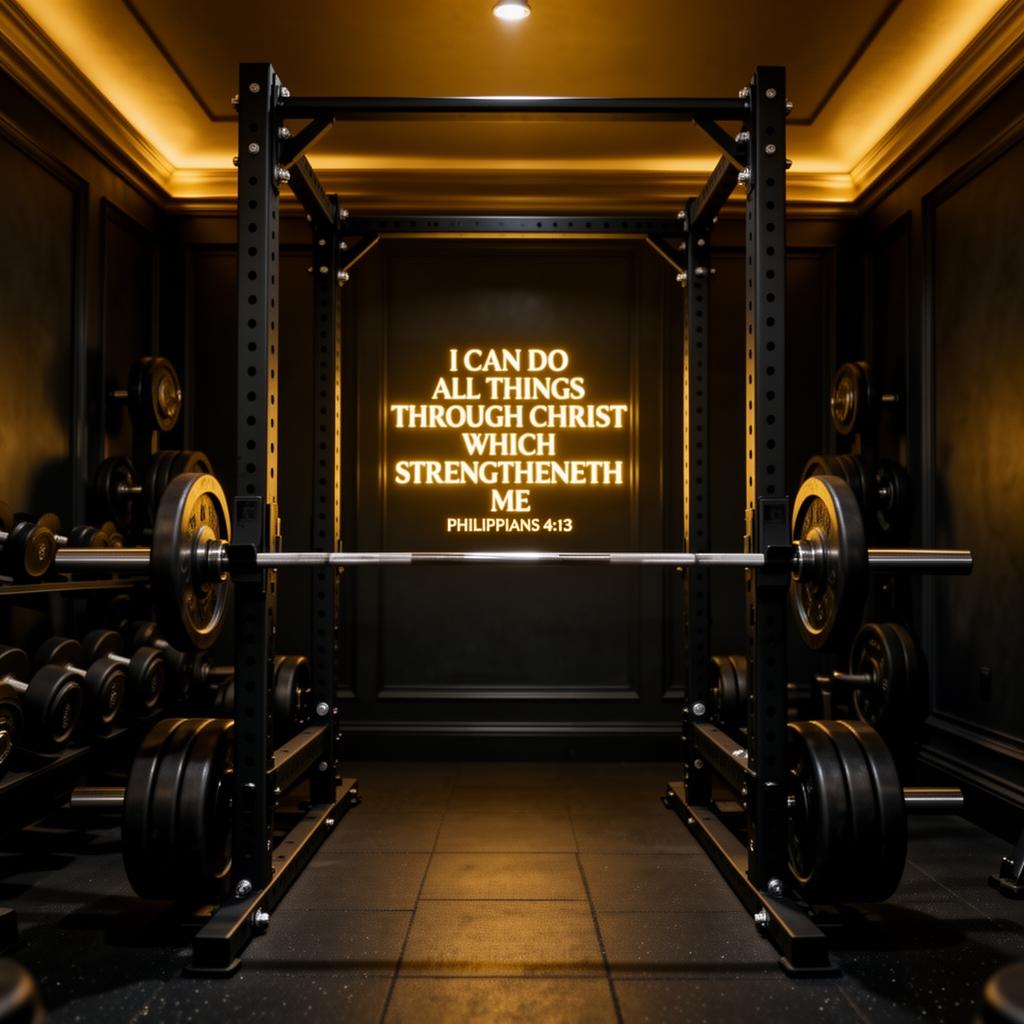 Power racks with Olympic barbells under warm lighting