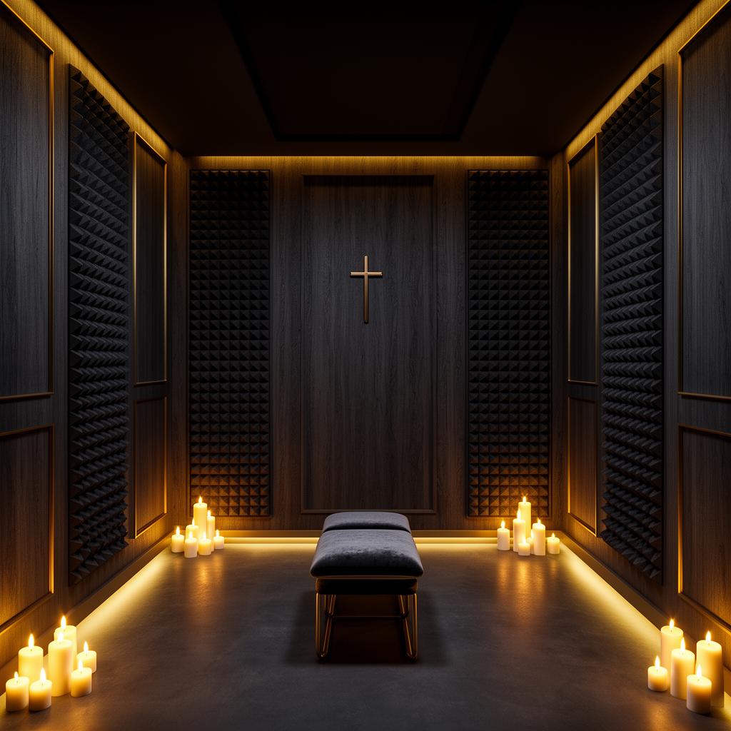 Soundproof prayer room with acoustic panels, candlelight, and a kneeling bench